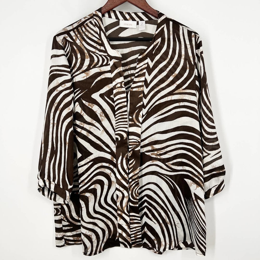 Chico’s Sheer Zebra Women’s Size 2 or Medium Hidden Button Blouse Shirt Top - Picture 1 of 4